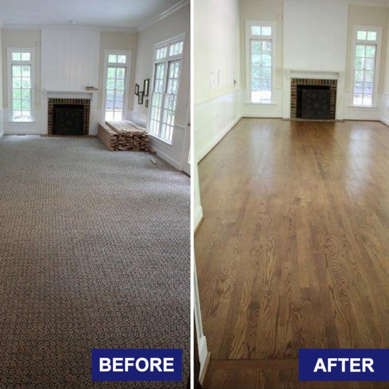 Living room flooring renovation with carpet to hardwood transition