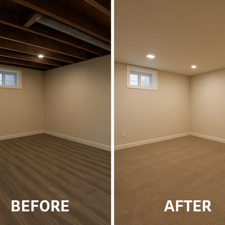 Basement renovation with new flooring and recessed lighting