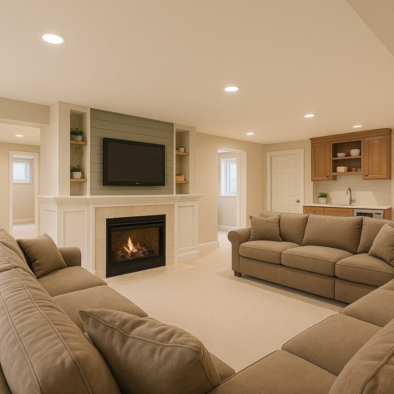 Cozy living room with fireplace, TV, and modern recessed lighting