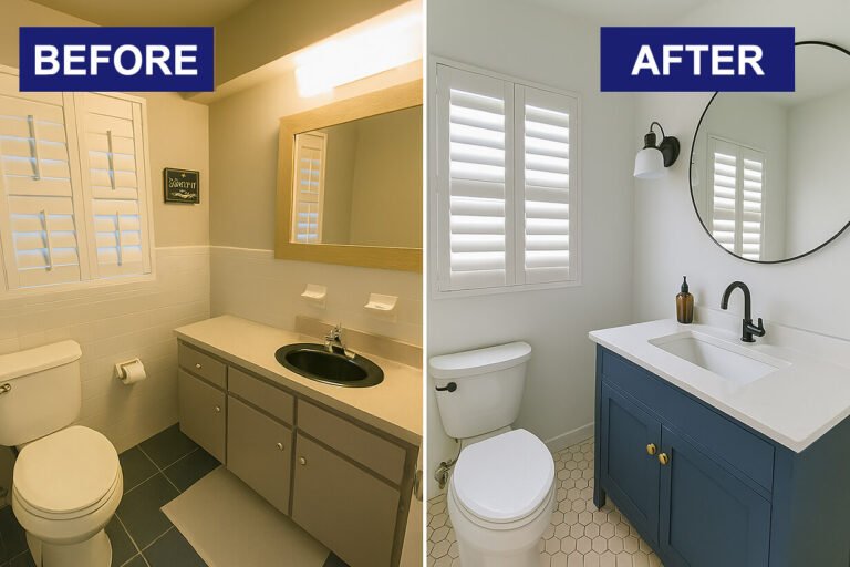 Bathroom makeover with modern sink, vanity, and fixtures.