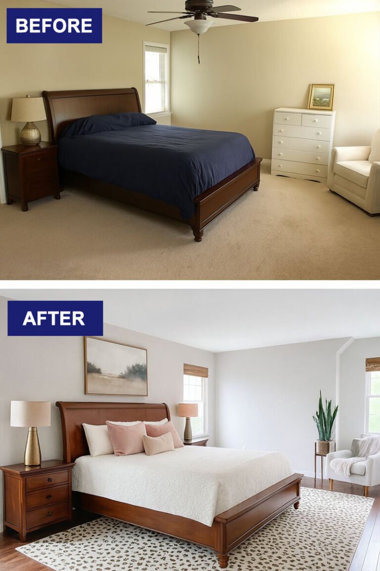 Bedroom makeover with neutral tones, new decor, and plants