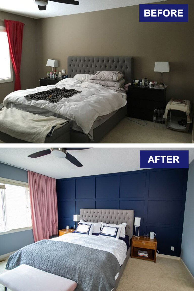 Bedroom transformation with navy accent wall and updated decor