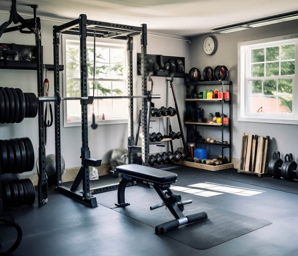 Home gym with weightlifting bench, squat rack, and free weights