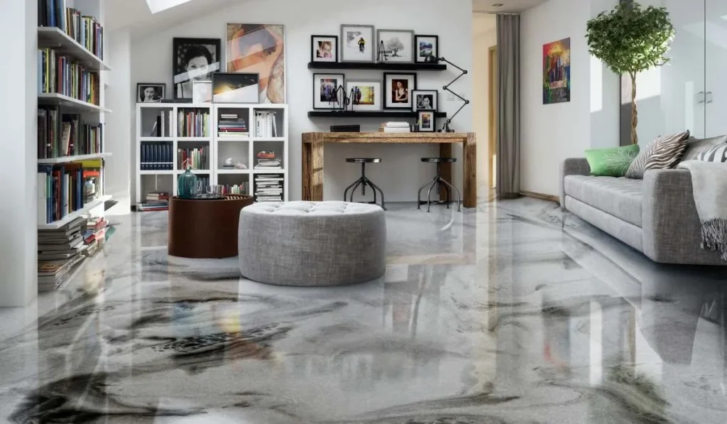 Modern home office with marble-effect epoxy flooring and bookshelves